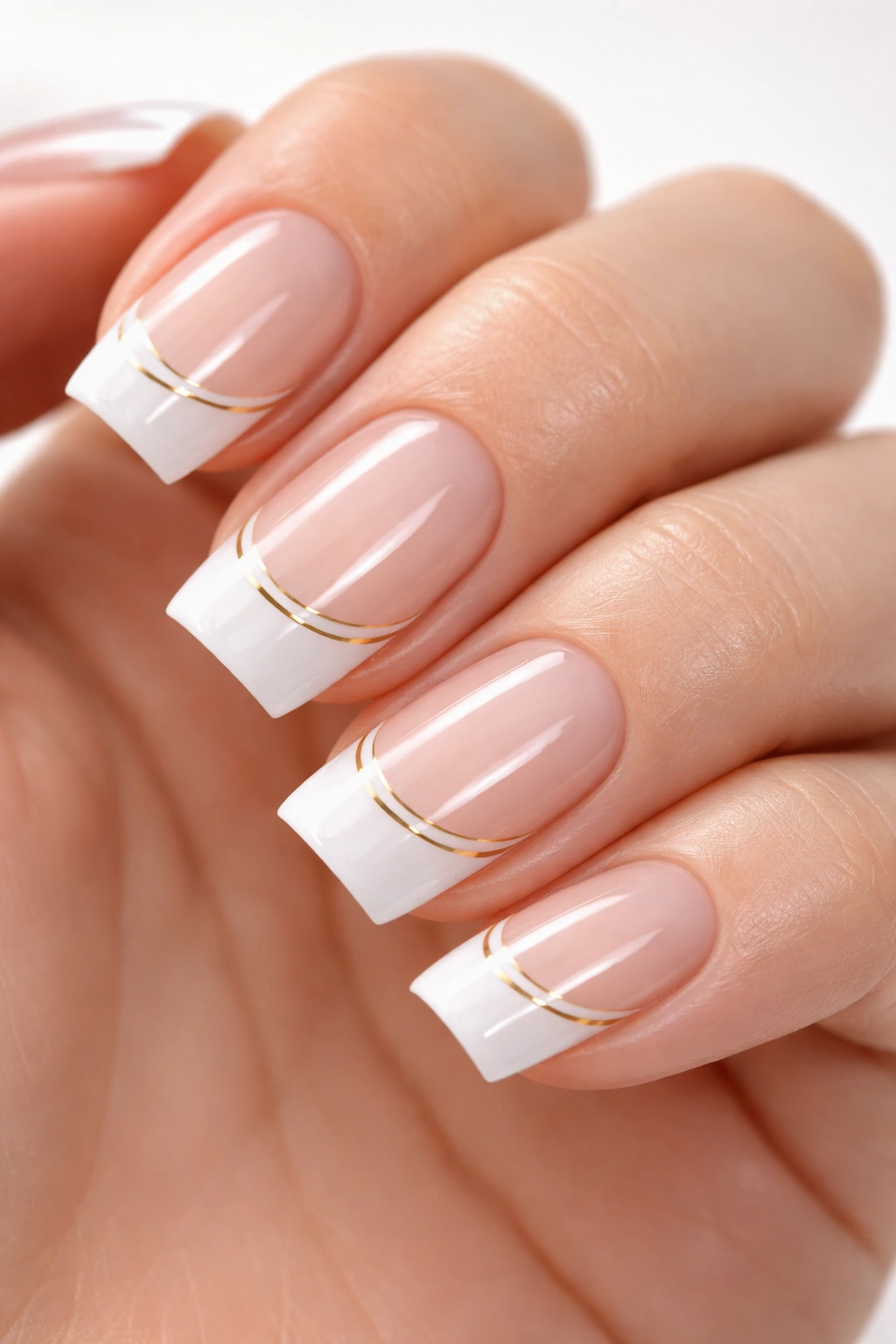 Soft square nails with delicate lines on white French tips
