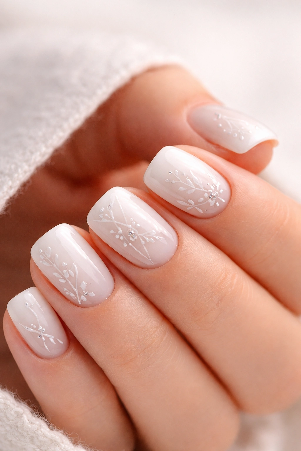 Close-up of white duck nail on short length with delicate fine-line nail art