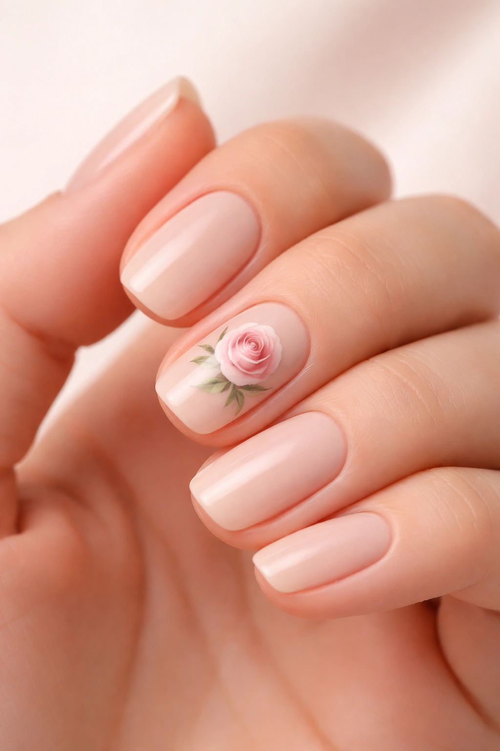 Nail featuring a delicate rose accent on neutral base