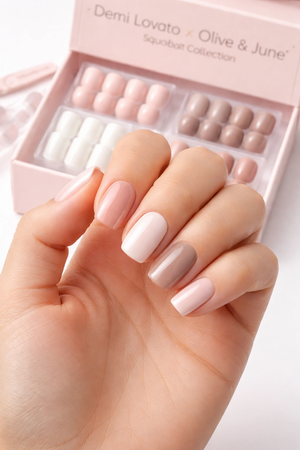 Close-up of Demi Lovato Olive June squoval nails on a hand in a studio setting