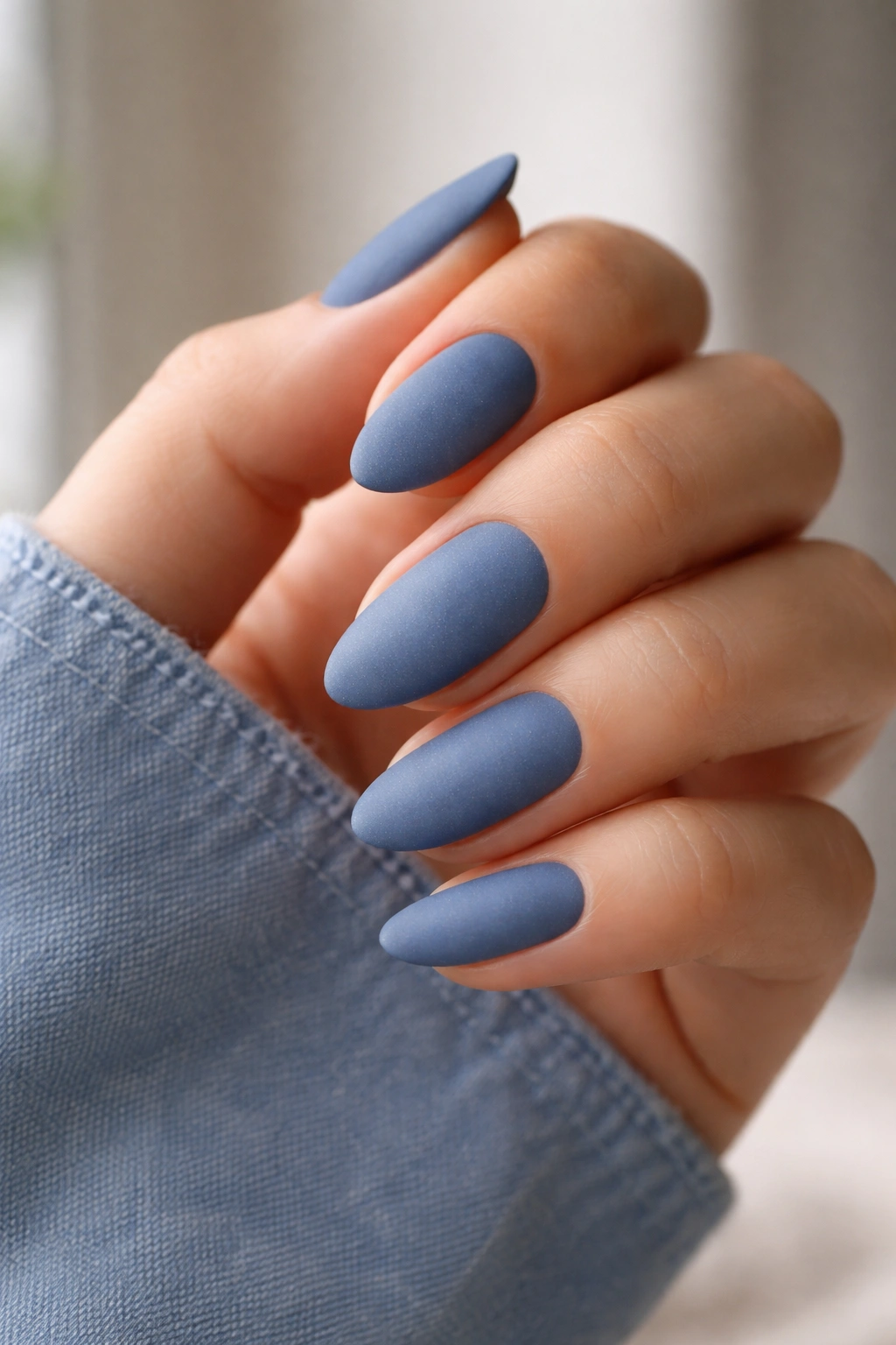Close-up of denim blue almond nails with a matte finish on a neutral background.