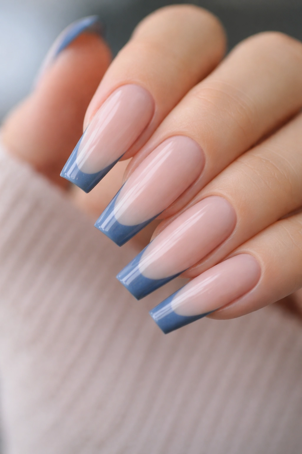 Long nails with denim blue micro-French tip on pink-beige base
