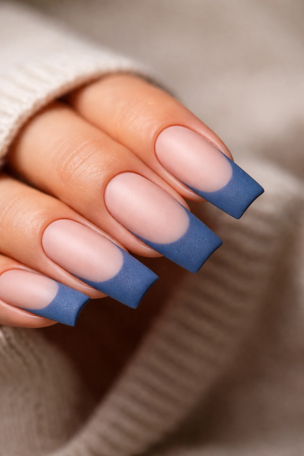 Denim blue matte French tip on a ballerina nail