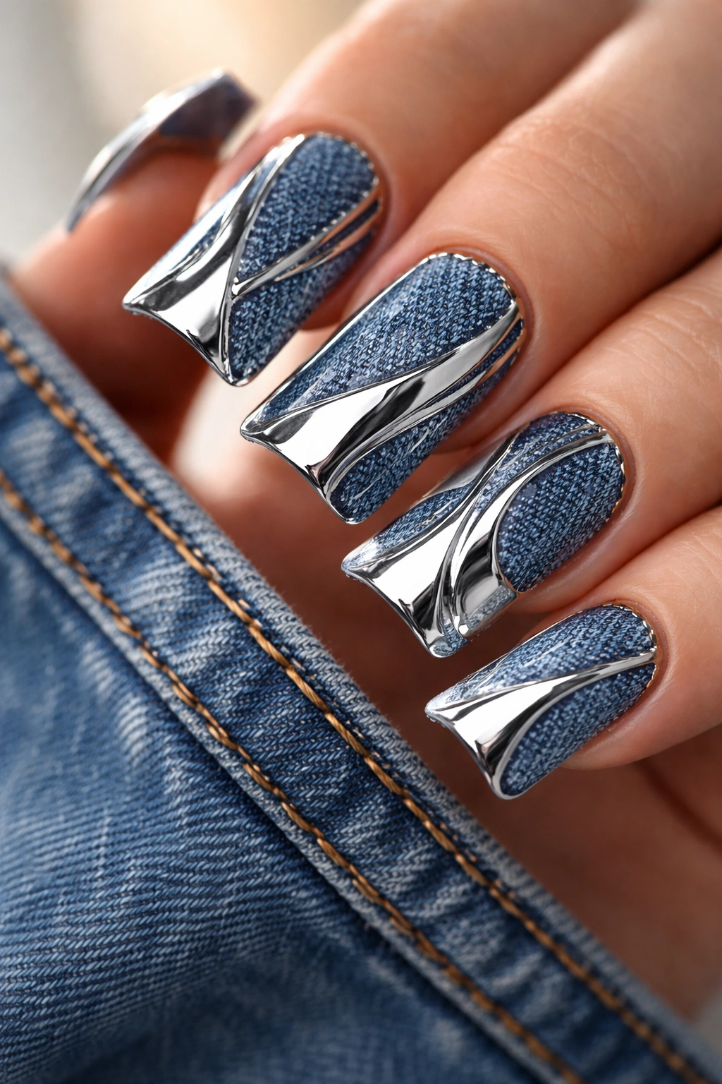 Duck nails with chrome accents on a denim base reflecting light