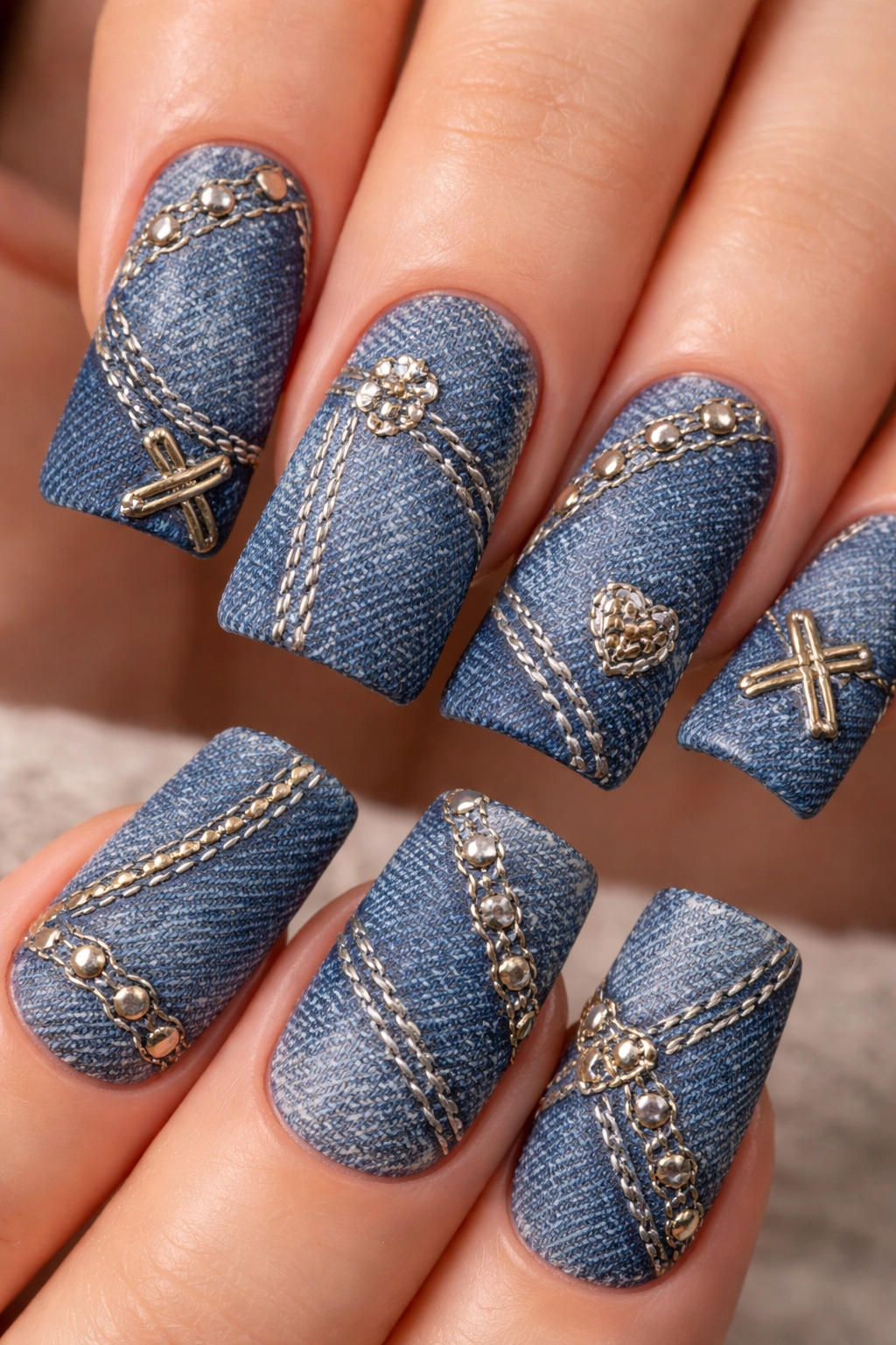 Close-up of duck nails with denim texture and metallic embroidery details