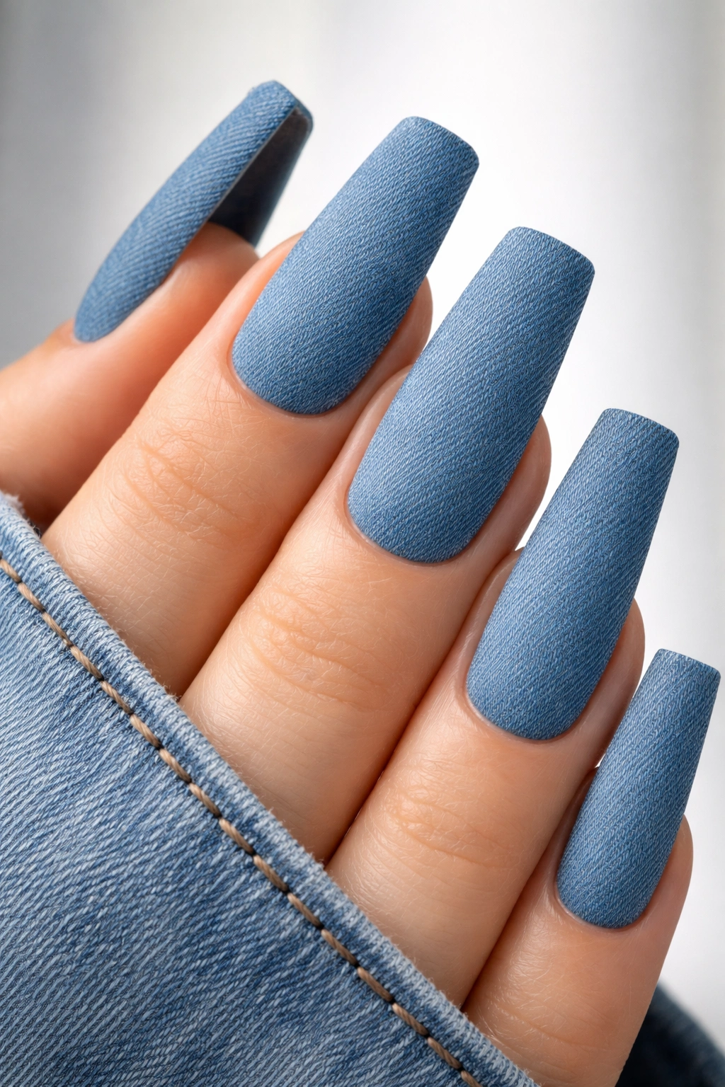 Close-up of elongated duck nails in a classic medium blue denim shade with subtle fabric texture