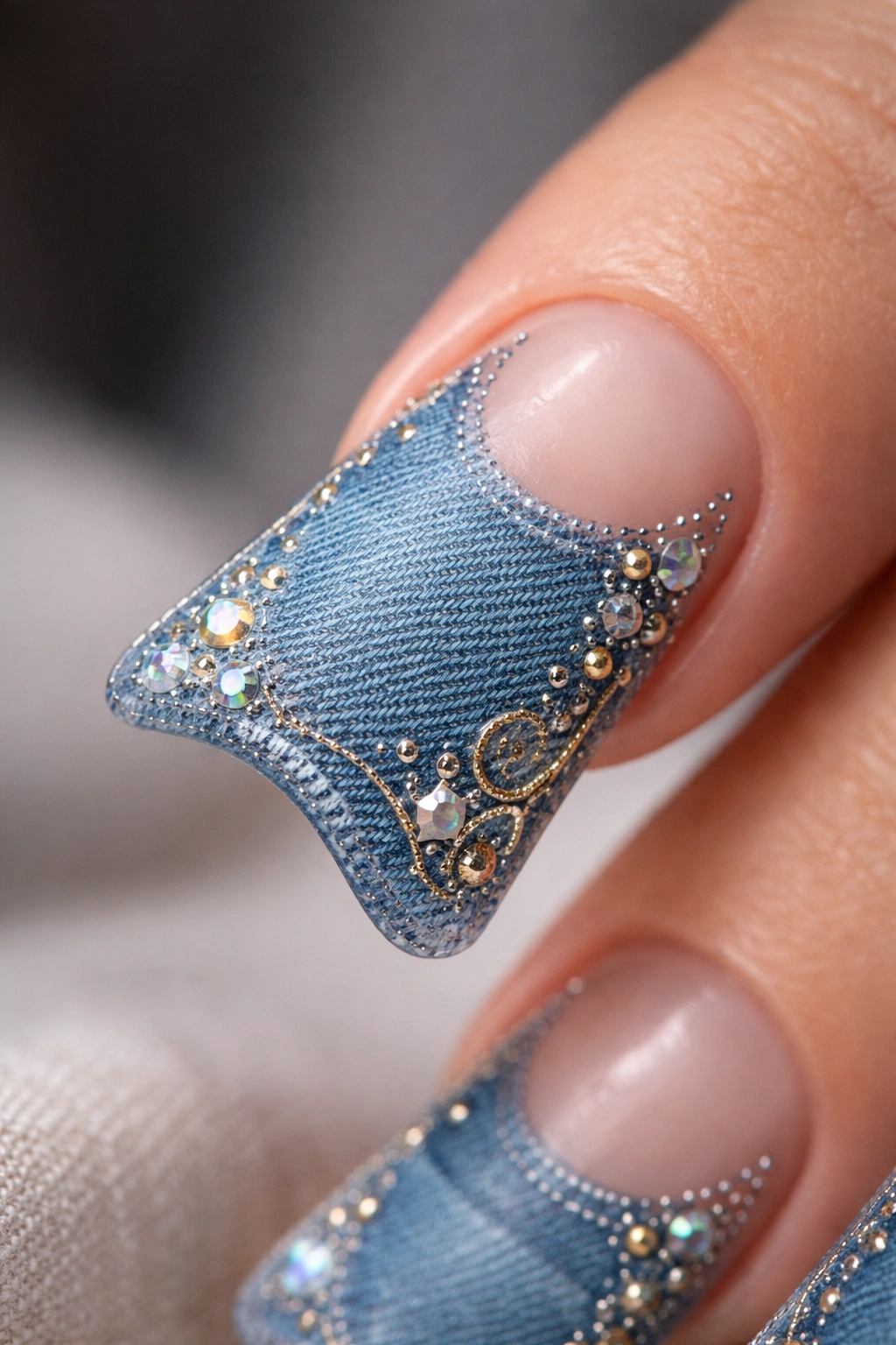 Close-up of a denim duck nail with decorative marks suggesting personalization, without letters
