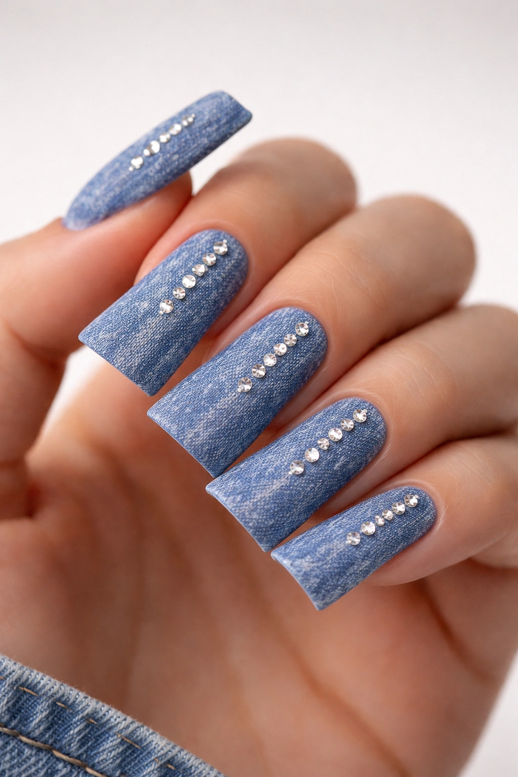 Duck nails in denim blue with scattered rhinestones on a plain background
