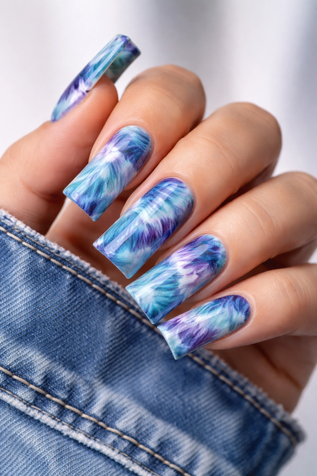 Duck nails with denim-inspired blue teal and purple tie-dye pattern