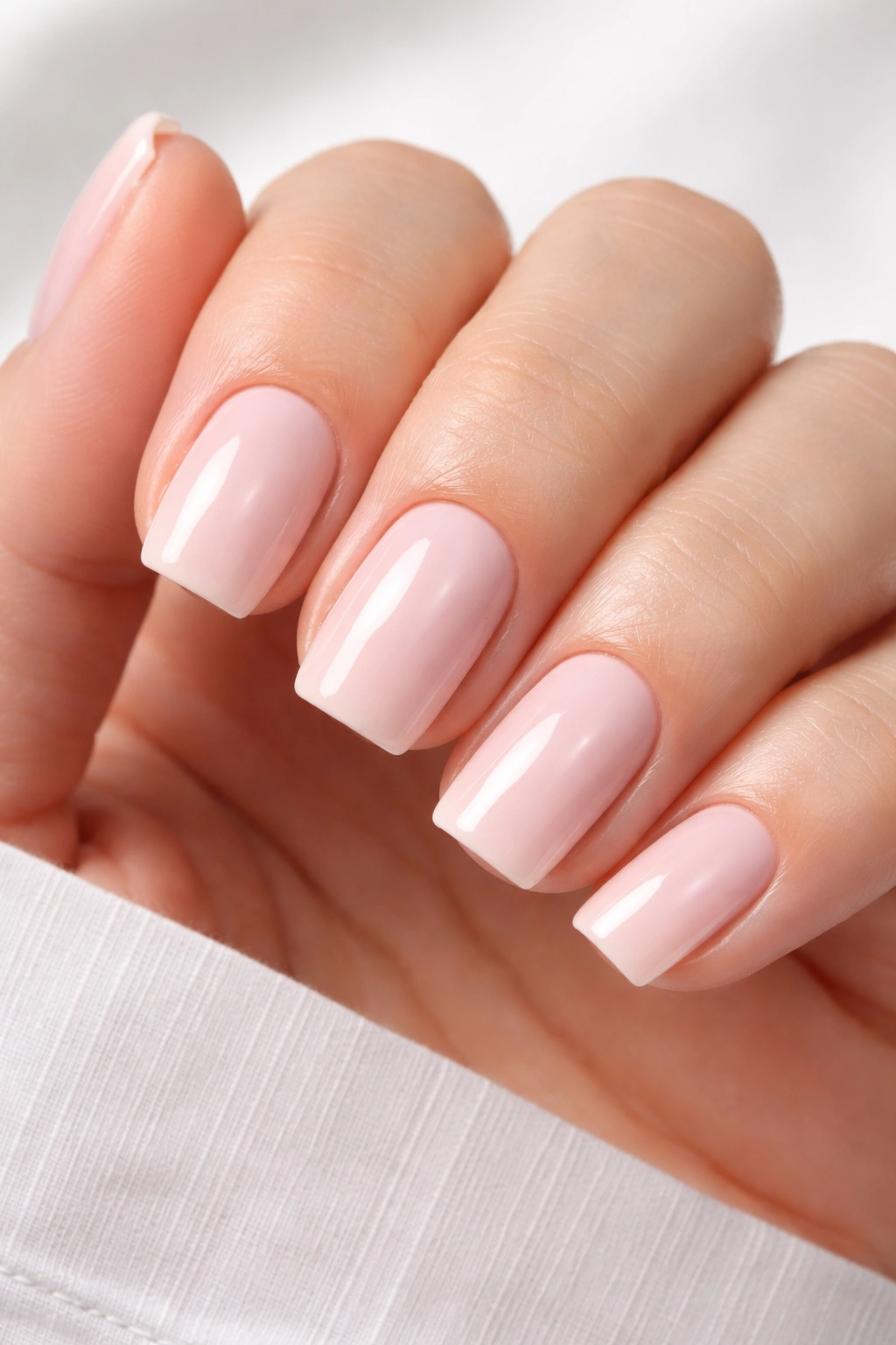 Close-up of squoval nails with flat top and rounded corners