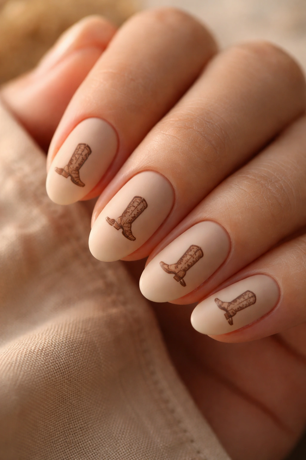Close-up of short almond nails in desert-nude matte finish with tiny boot stamps