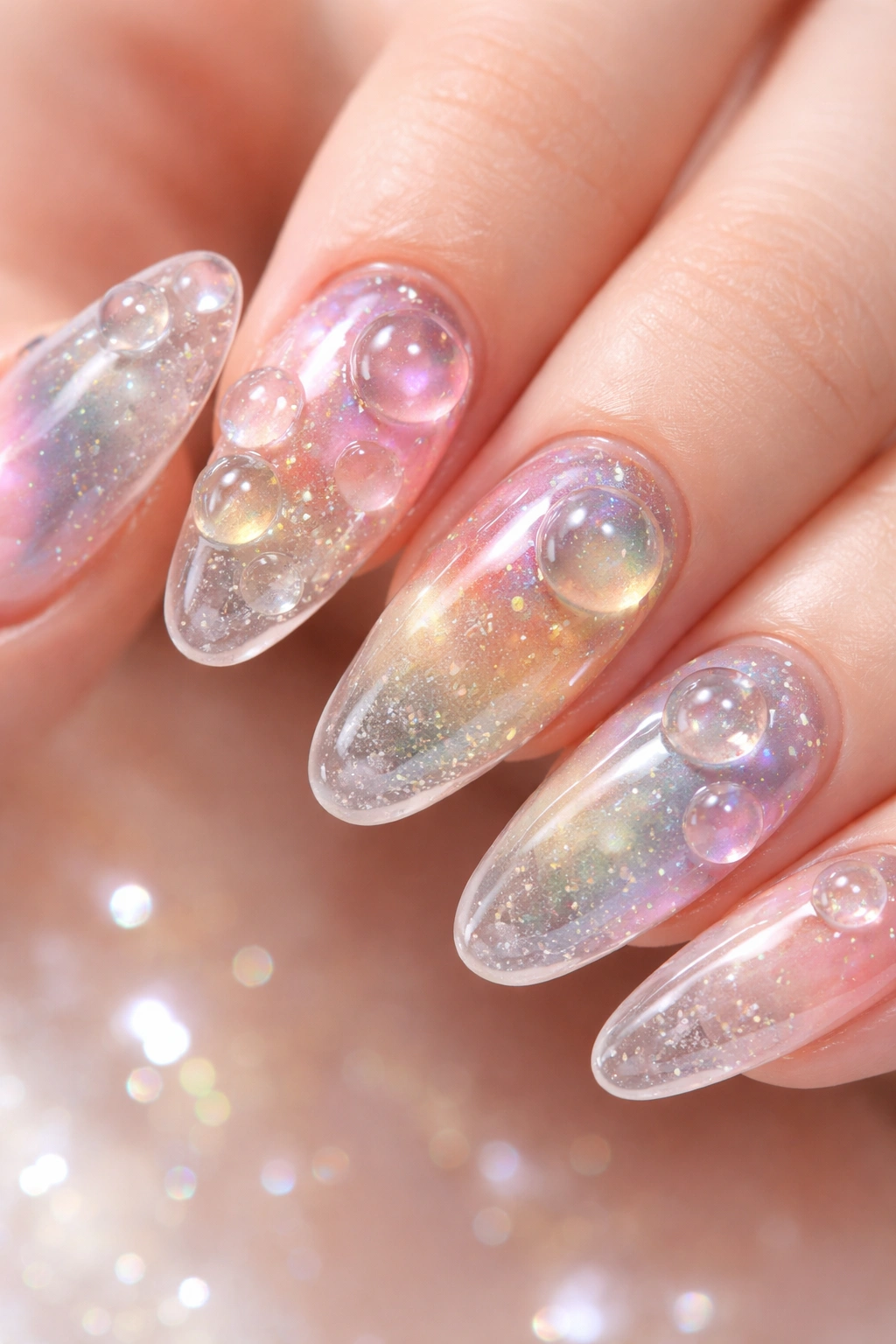 Nails topped with clear dew-like domes catching light