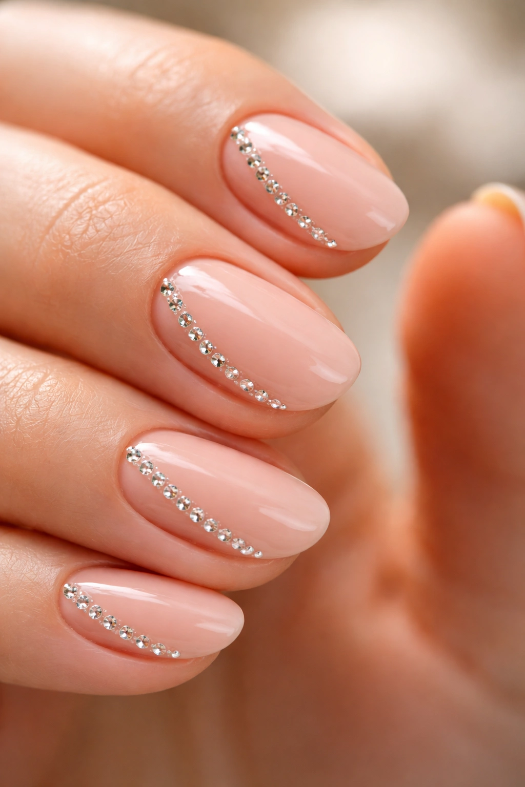 Close-up of a short oval nail with a diagonal line of crystals along one side on a soft pink base