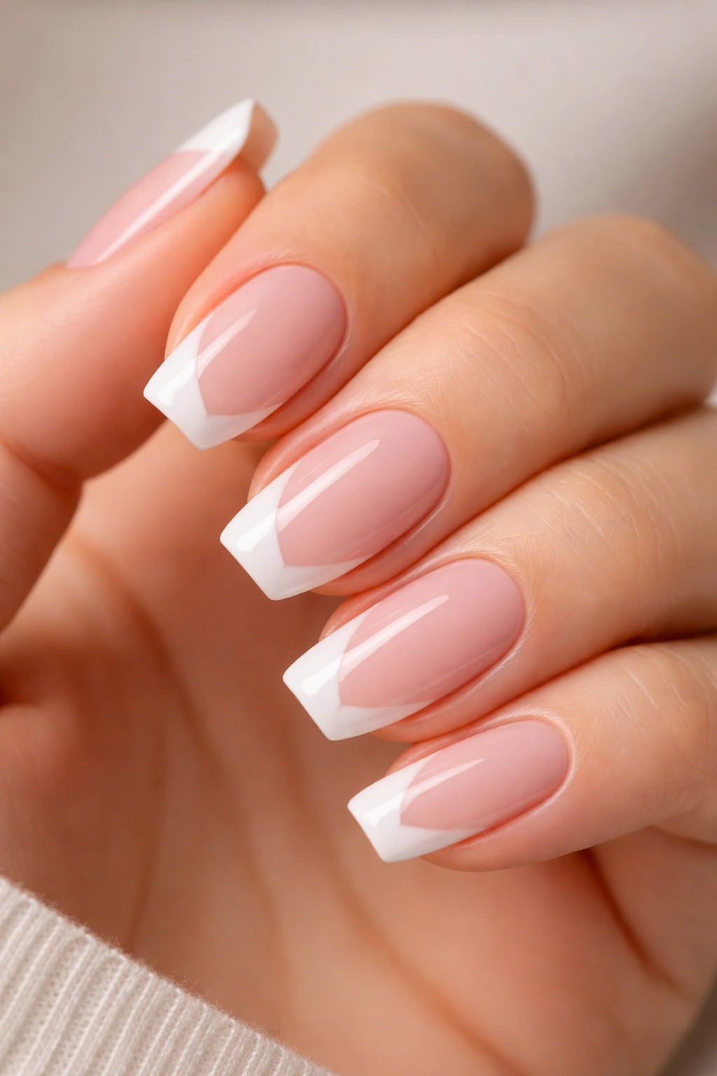 Diagonal French on short ballerina tips with white tips