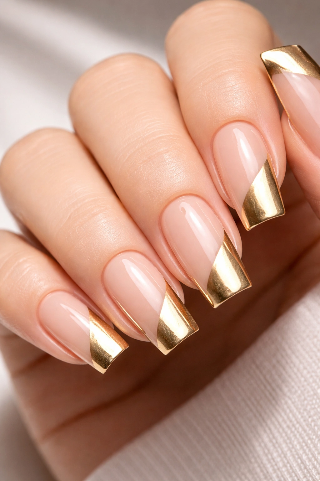 Close-up of nails with diagonal gold line across tips