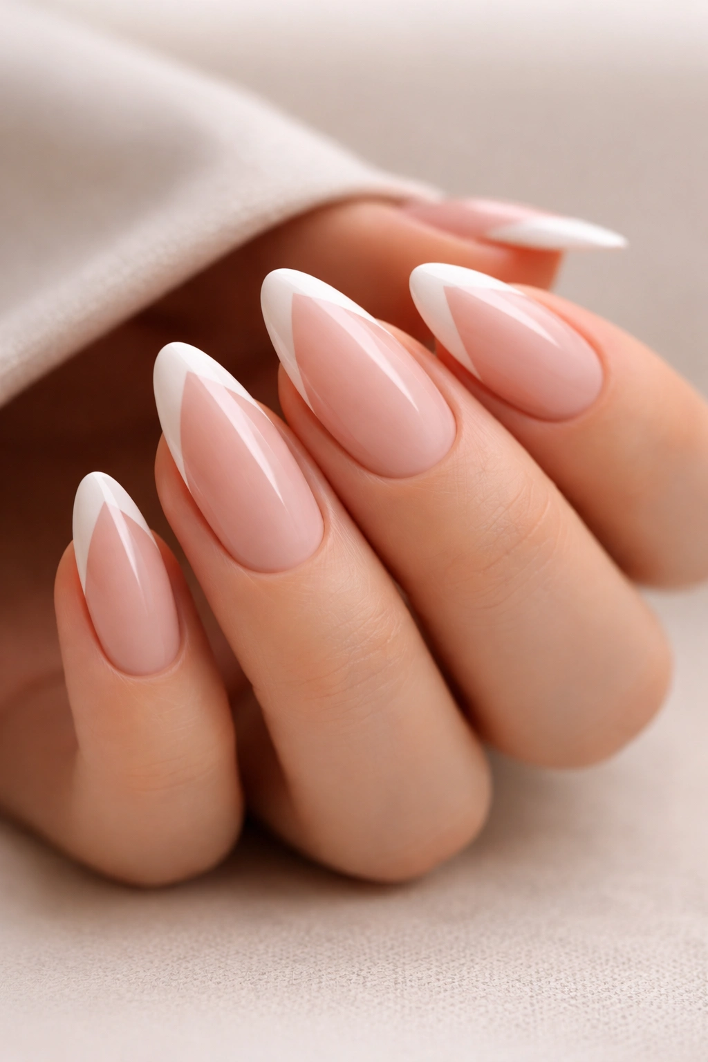 Close-up of almond nails with diagonal French tip.