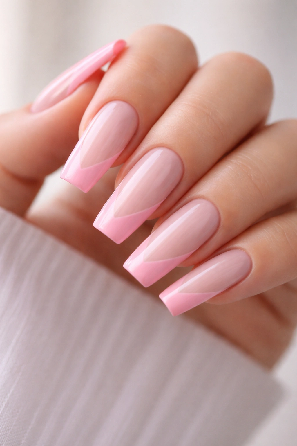 Close-up of diagonal pink French tips on ballerina nails