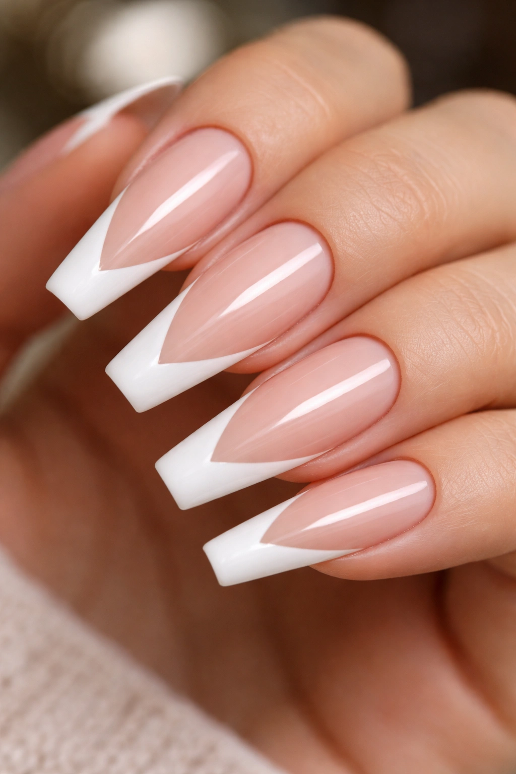 Close-up of tapered ballerina nails with diagonal white side-French on nude base