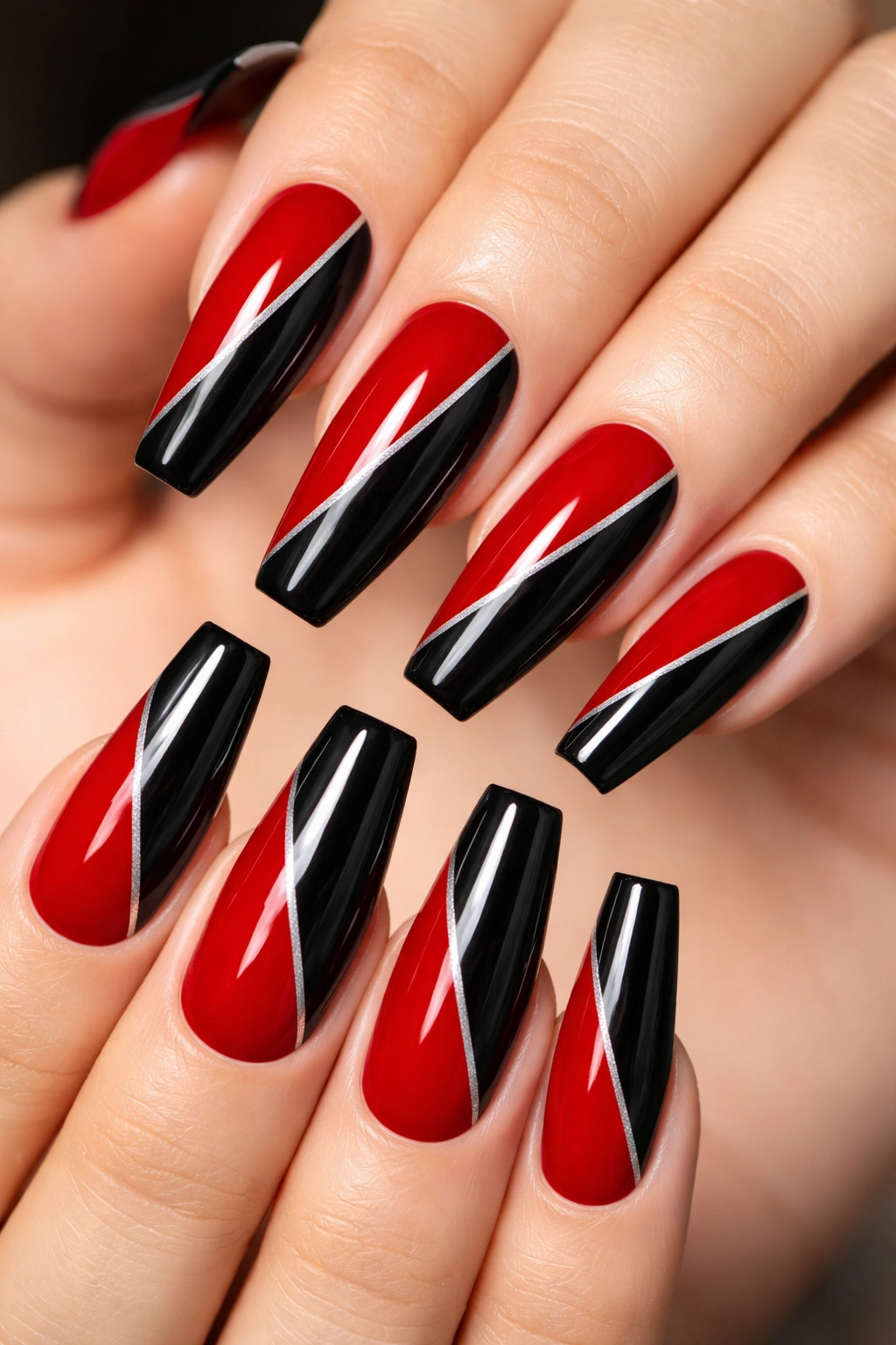 Diagonal red and black split on ballerina nails