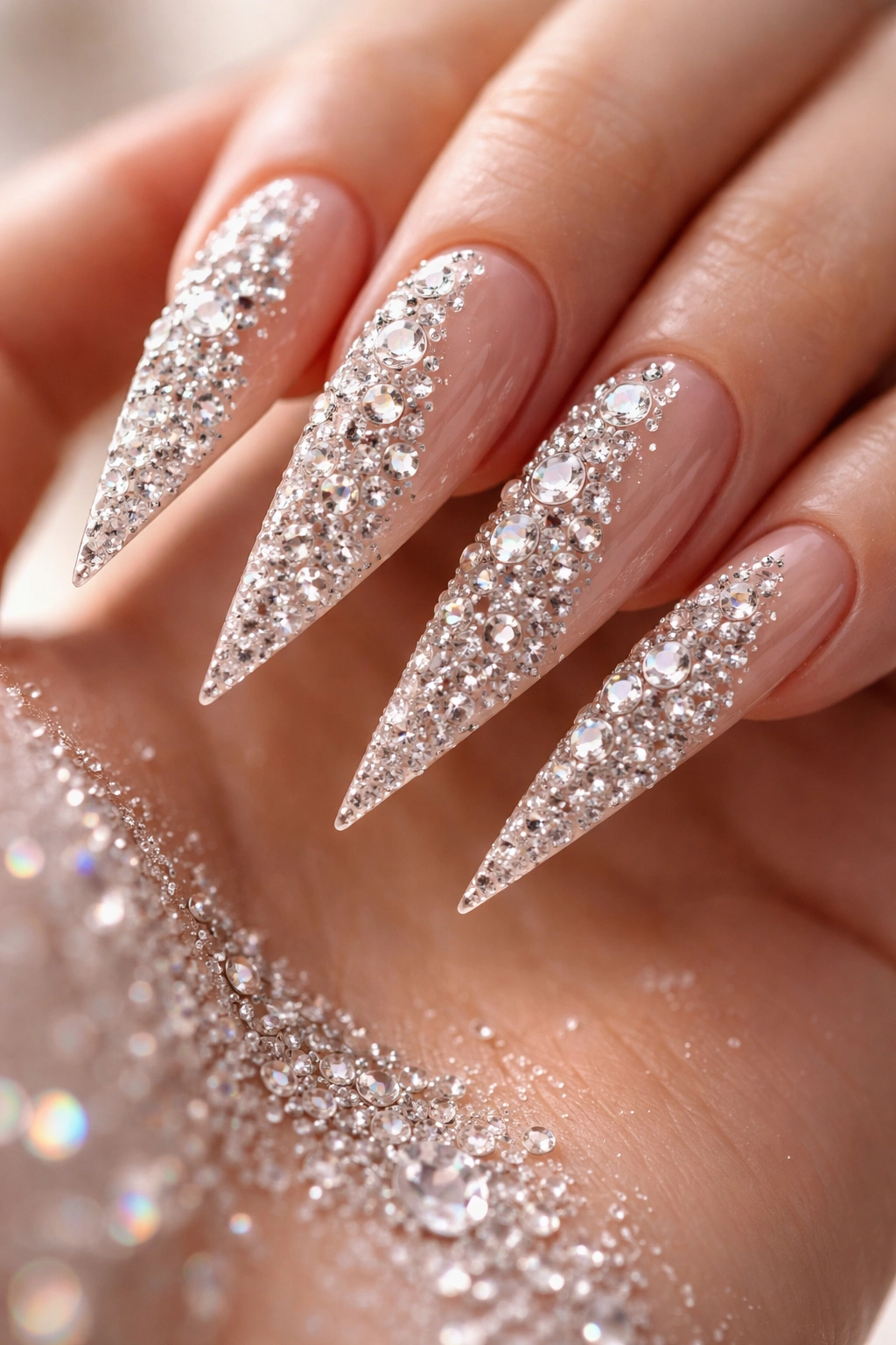 Close-up of stiletto nails with a cascading diamond crystal design on a nude base