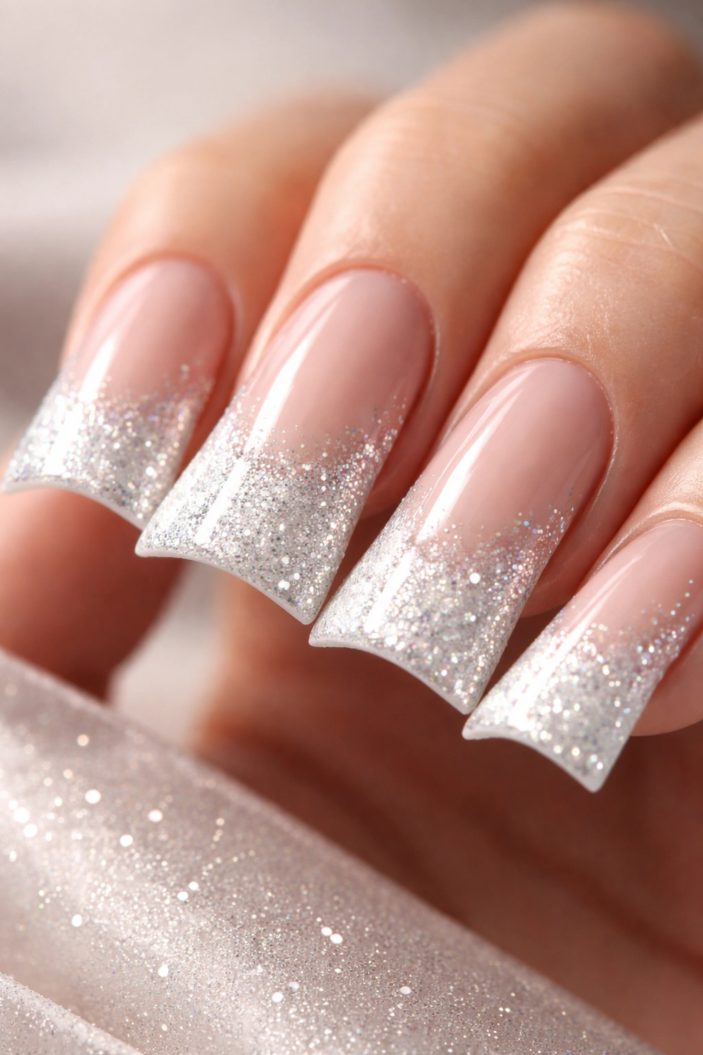 Close-up of duck nails with diamond-dusted white tips on nude base