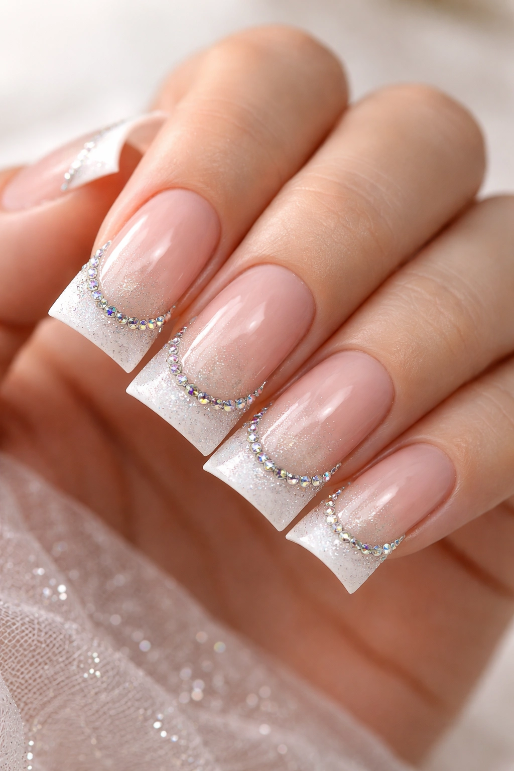 Duck nails with diamond dust French manicure and rhinestone border