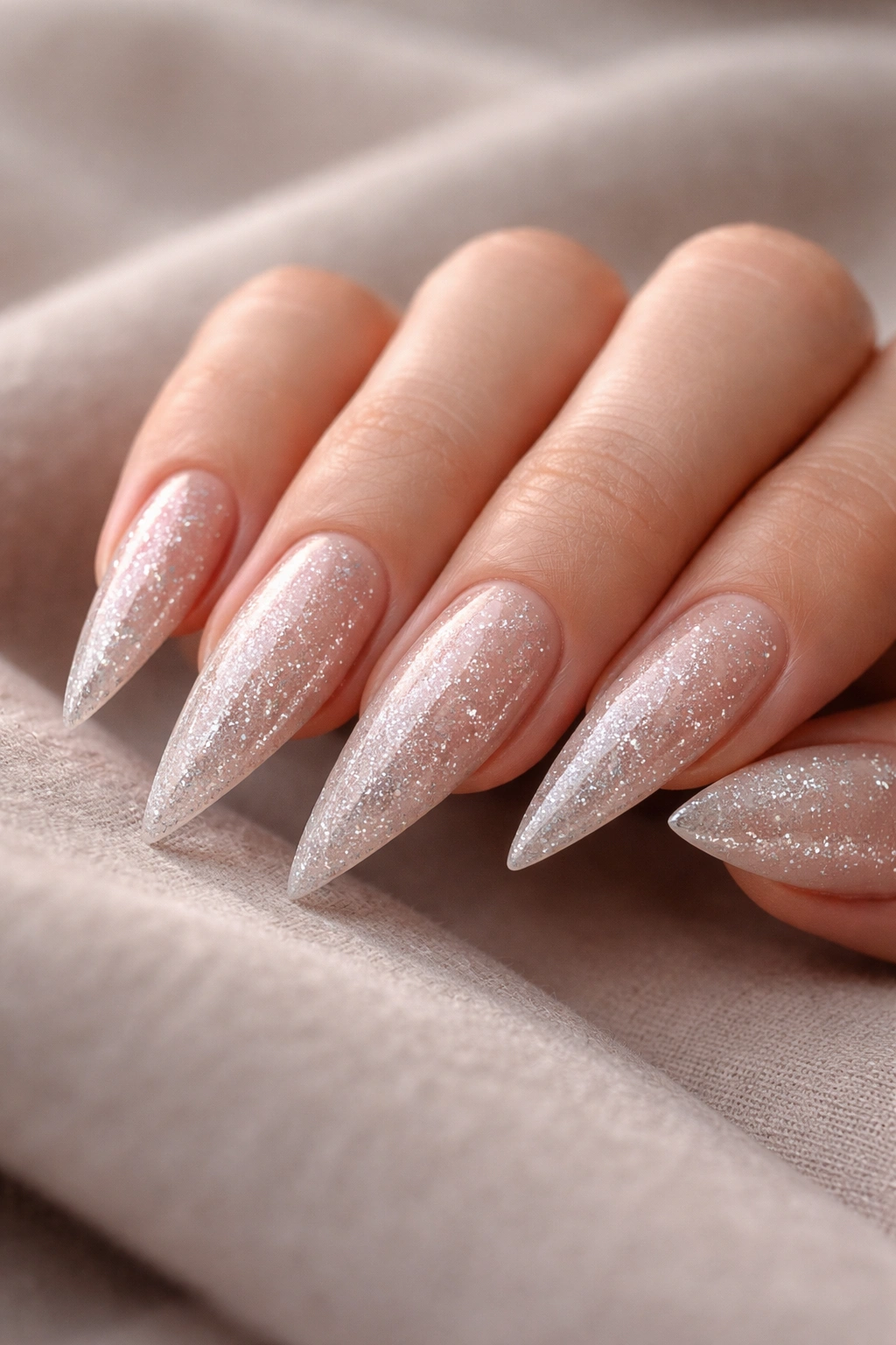 Close-up of nails with diamond dust glitter on nude base showing crystalline sparkle