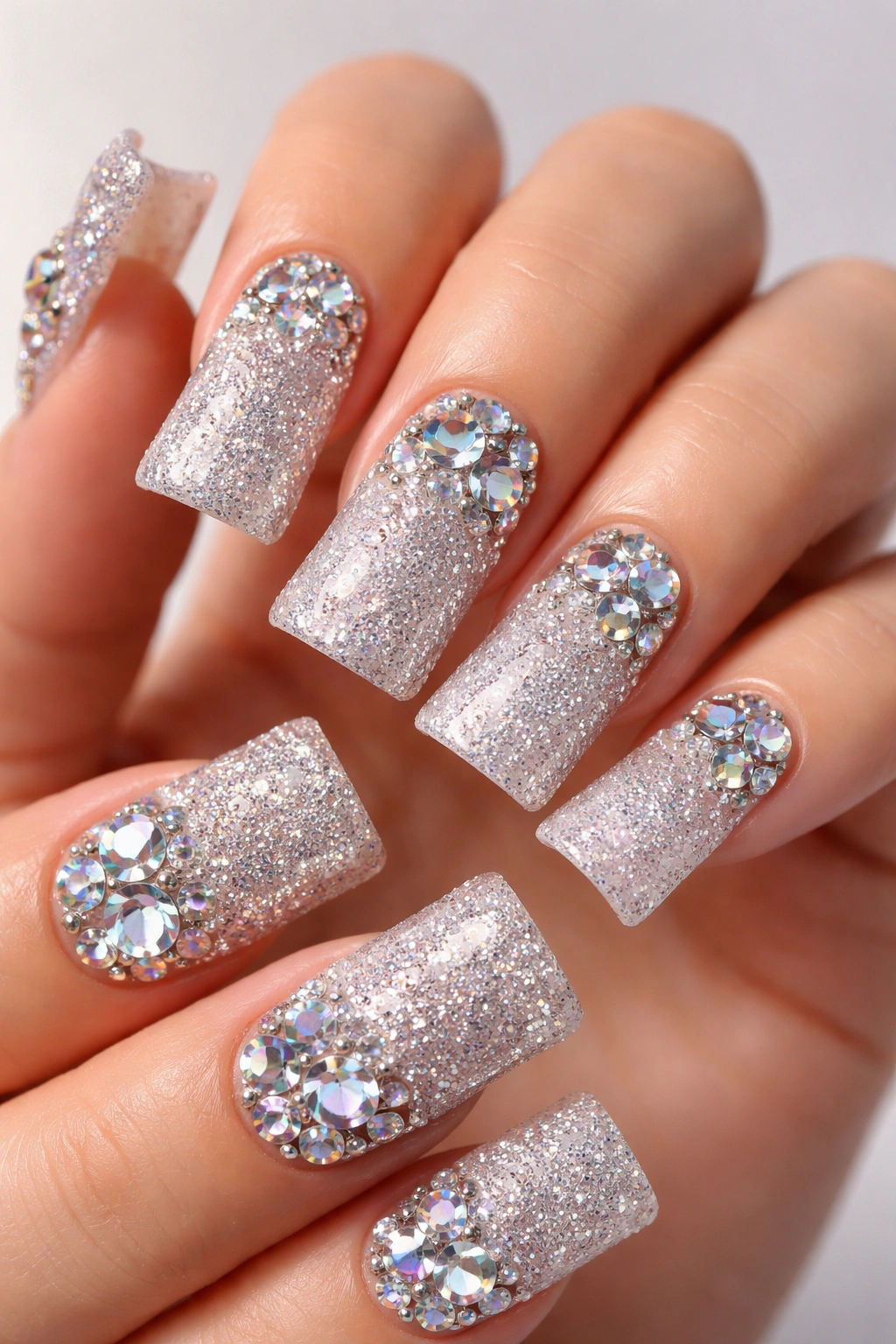 Duck nails with diamond dust sparkle and strategic gem clusters