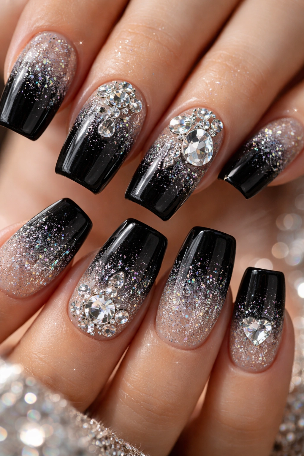 Close-up of black duck nails with diamond dust ombre and crystal charms