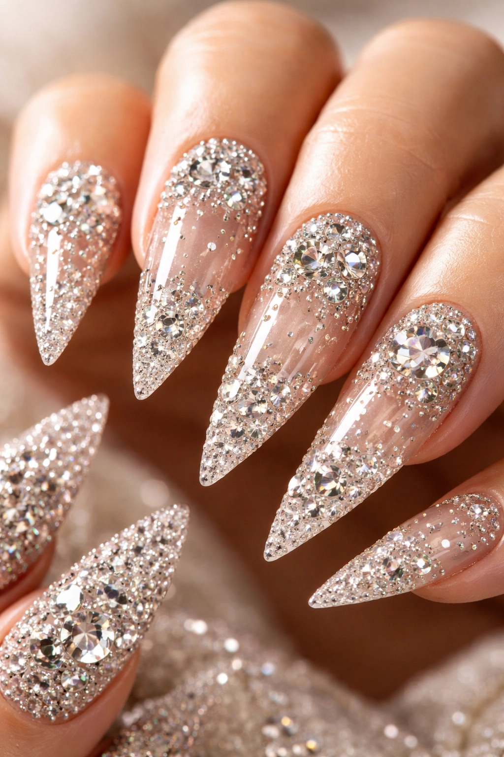 Close-up of nude-to-champagne diamond-encrusted stiletto nails with gradient sparkle