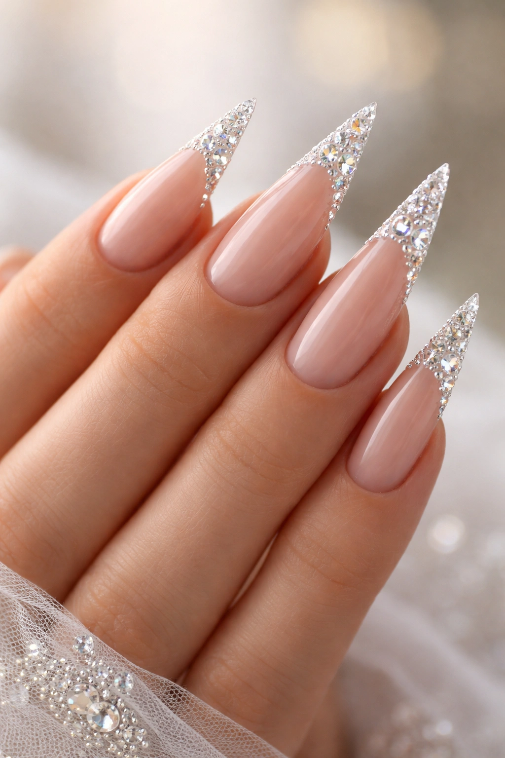 Stiletto nails with diamond rhinestones along the tips on a hand