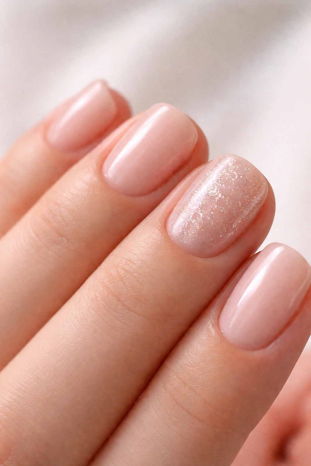 Close-up of a hand with a glitter-underneath sheer polish creating a diffused sparkle on the accent nail