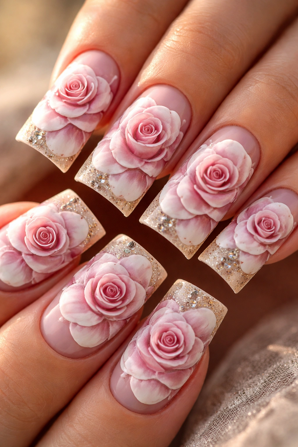 Wide duck nails with dimensional floral design and layered petals