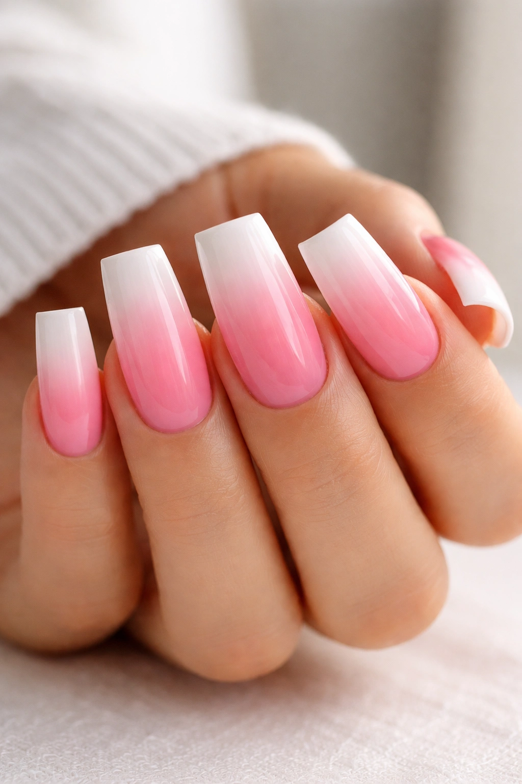 Close-up of duck nails with pink-to-white dip-dye gradient on the tips in studio lighting