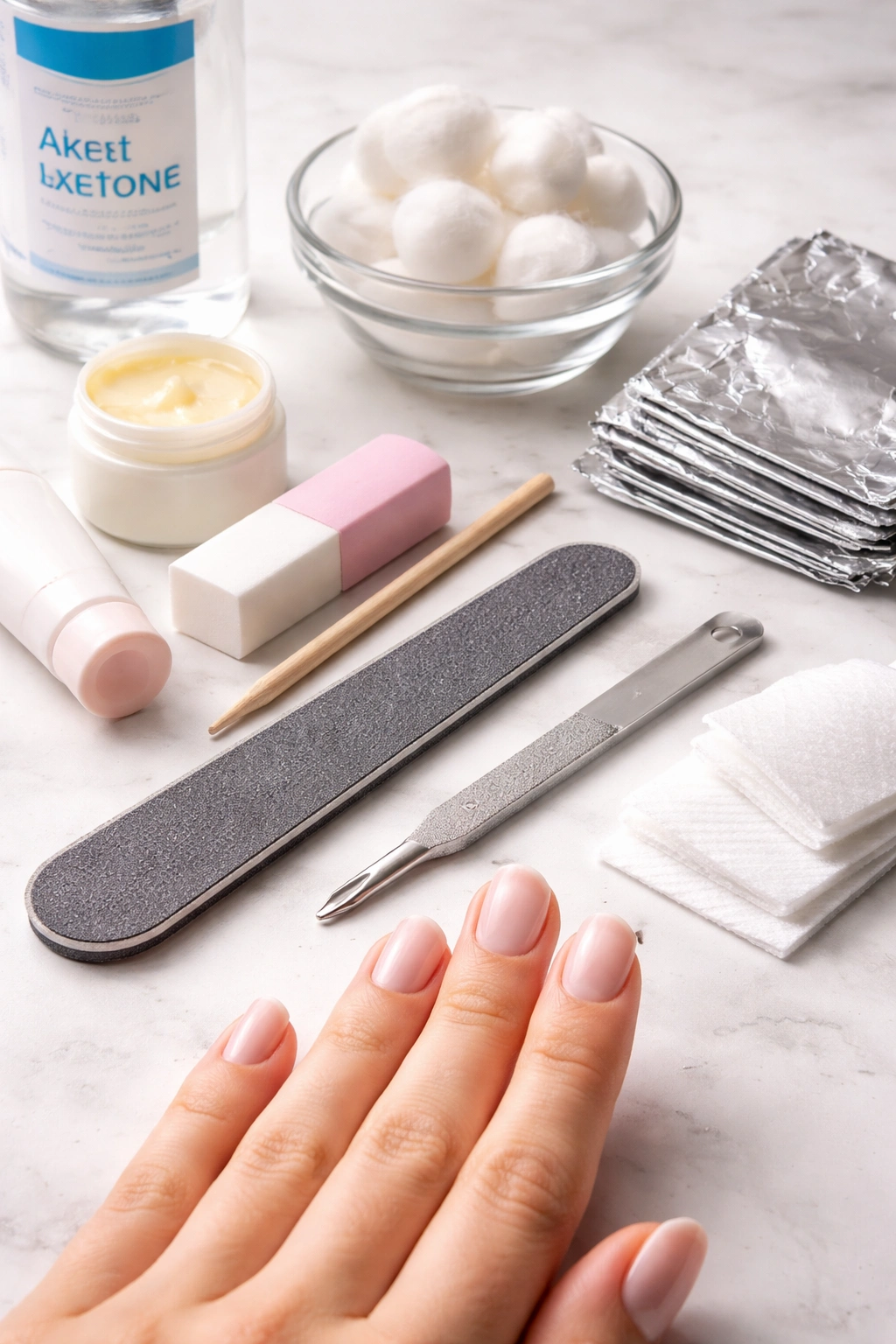 Close-up of dip nails with removal tools laid out on a clean surface