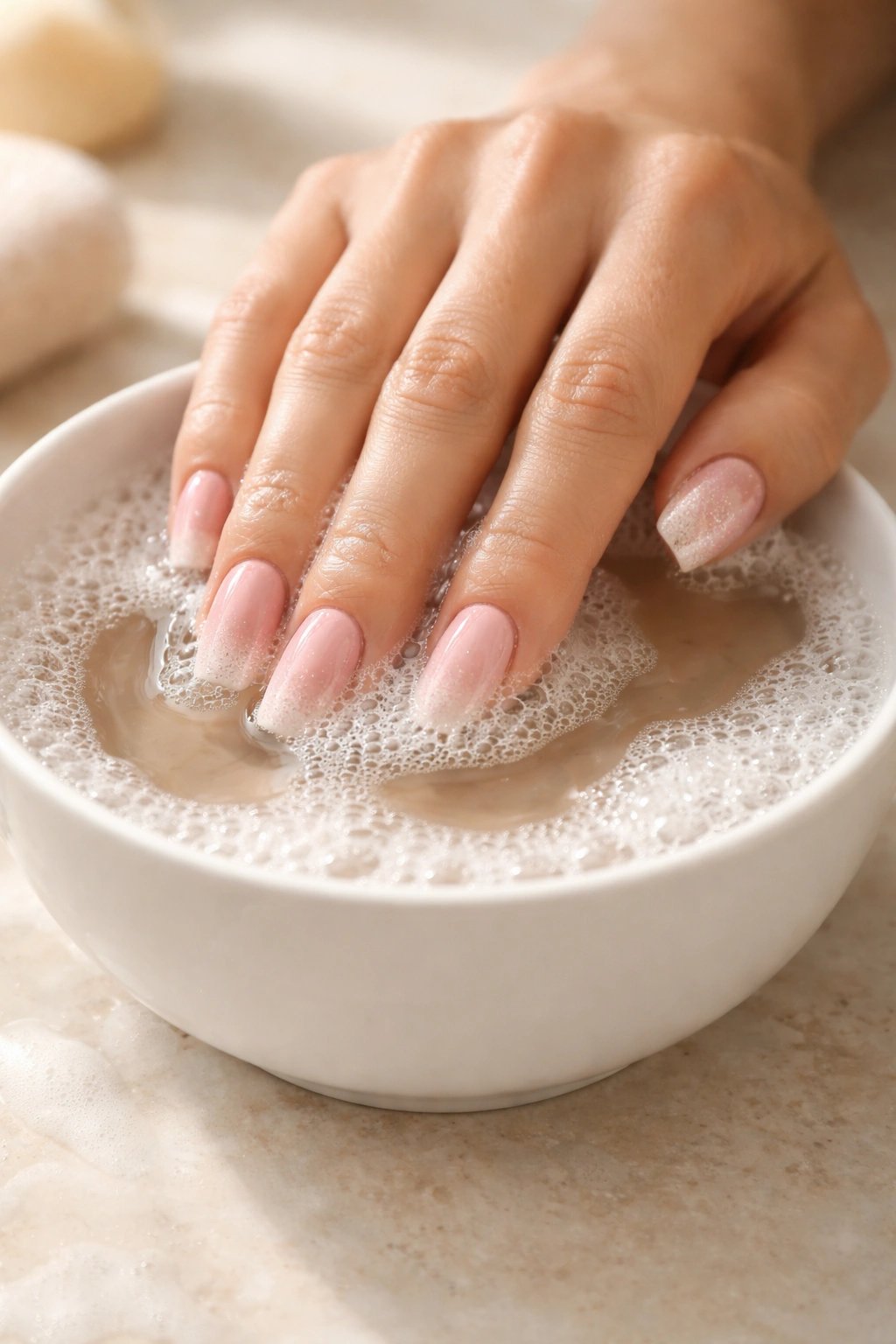 Close-up of hands soaking nails in warm soapy water for non-acetone dip removal