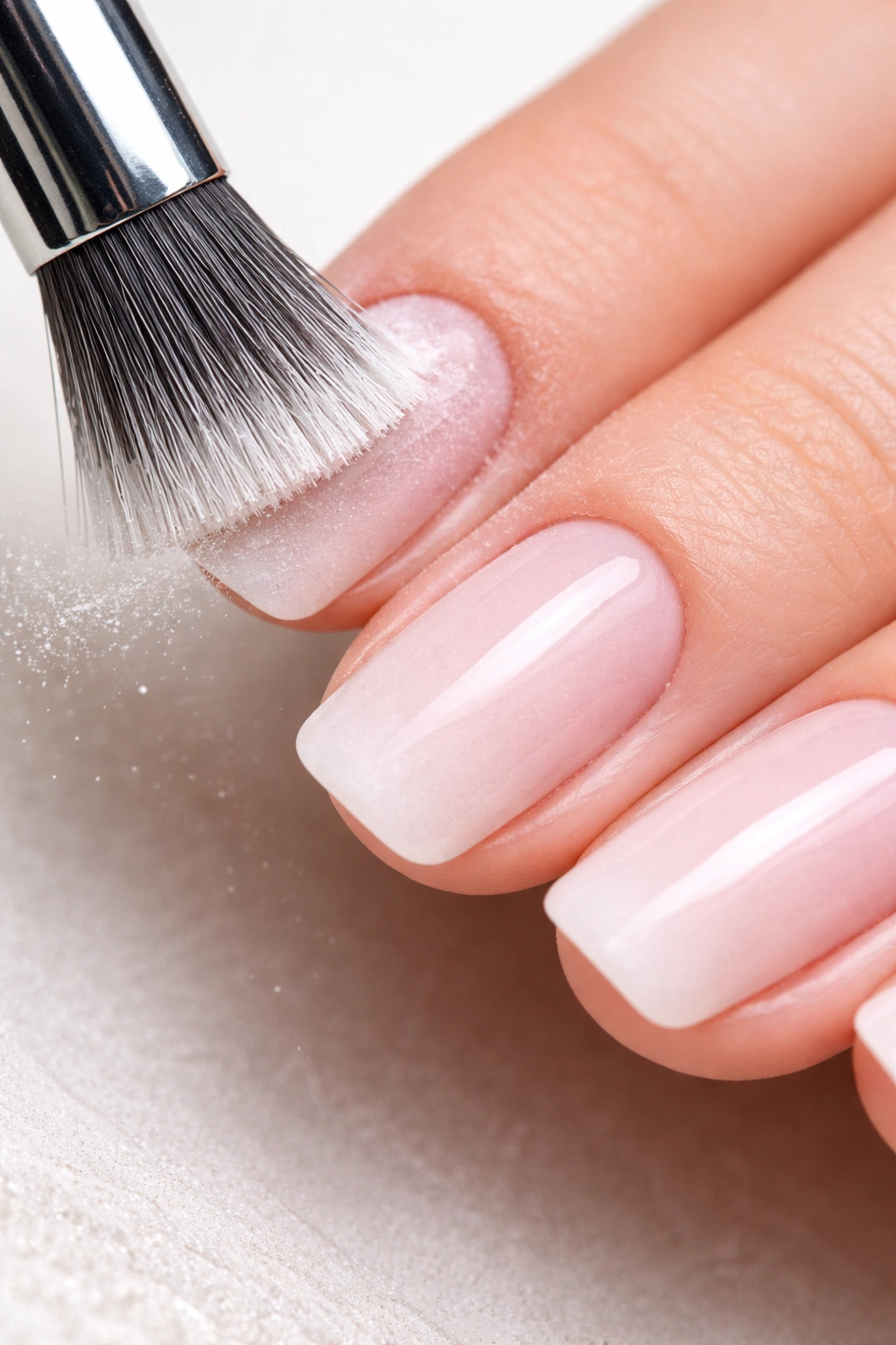 Nail brush sweeping away powder around cuticles and edges
