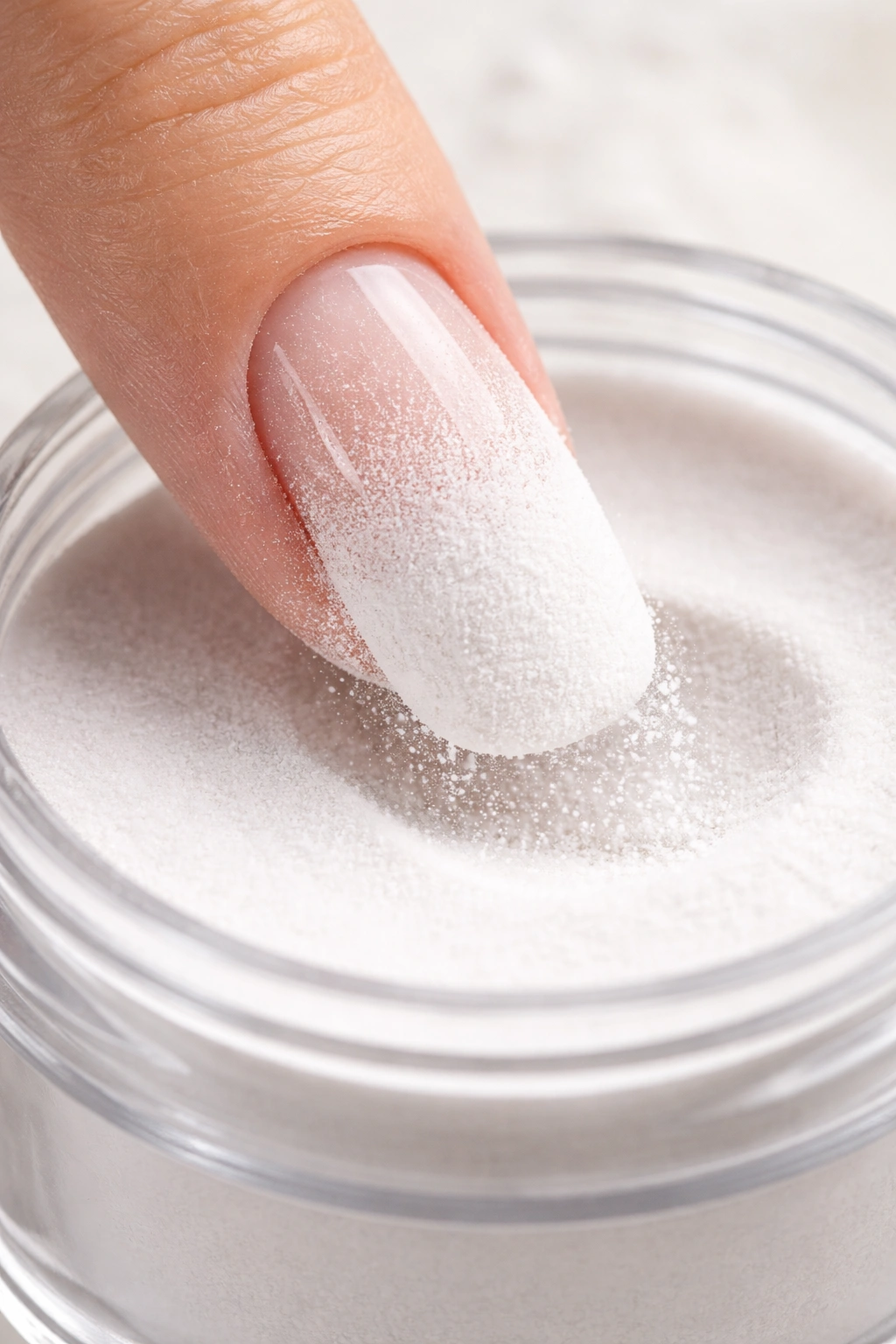 Nail being dipped into powder to form foundation layer