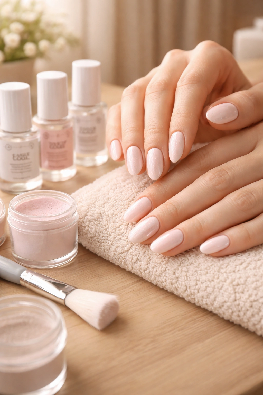 Close-up of hands with a dip powder manicure at home on a neutral vanity