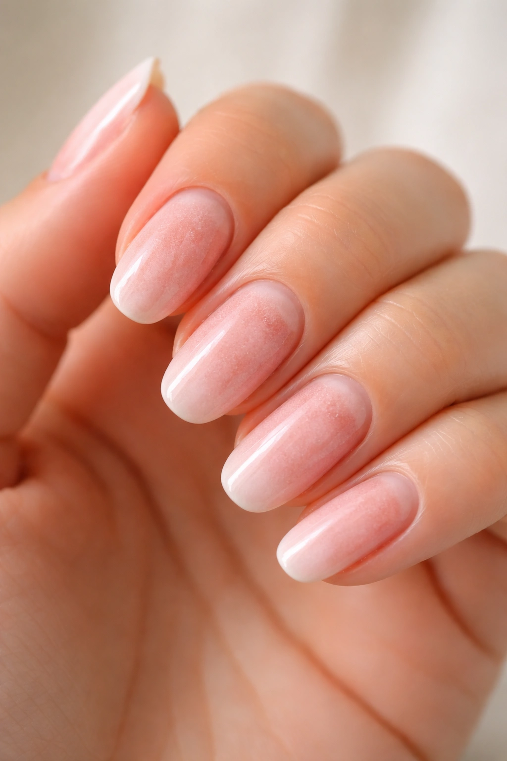 Close-up of dip powder nails with visible growth at the cuticle indicating manicure longevity