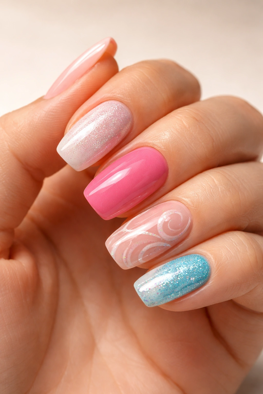 Hand with varied dip powder nail colors on nails