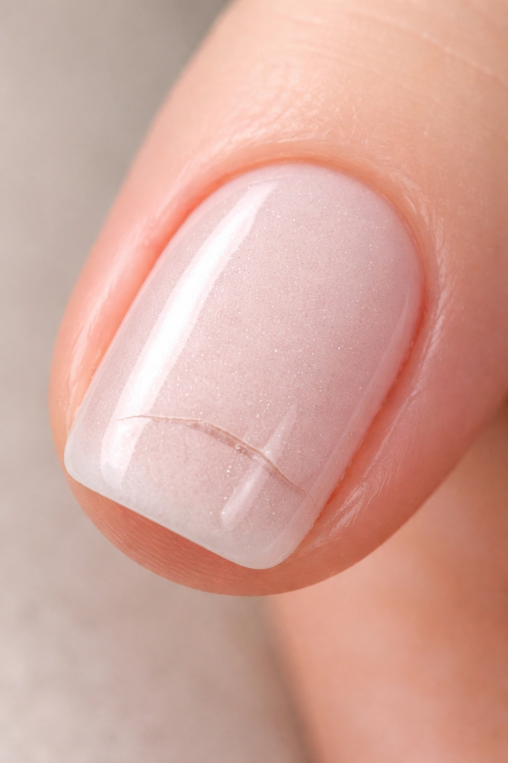 Close-up of a nail with a thick dip powder coating over a break