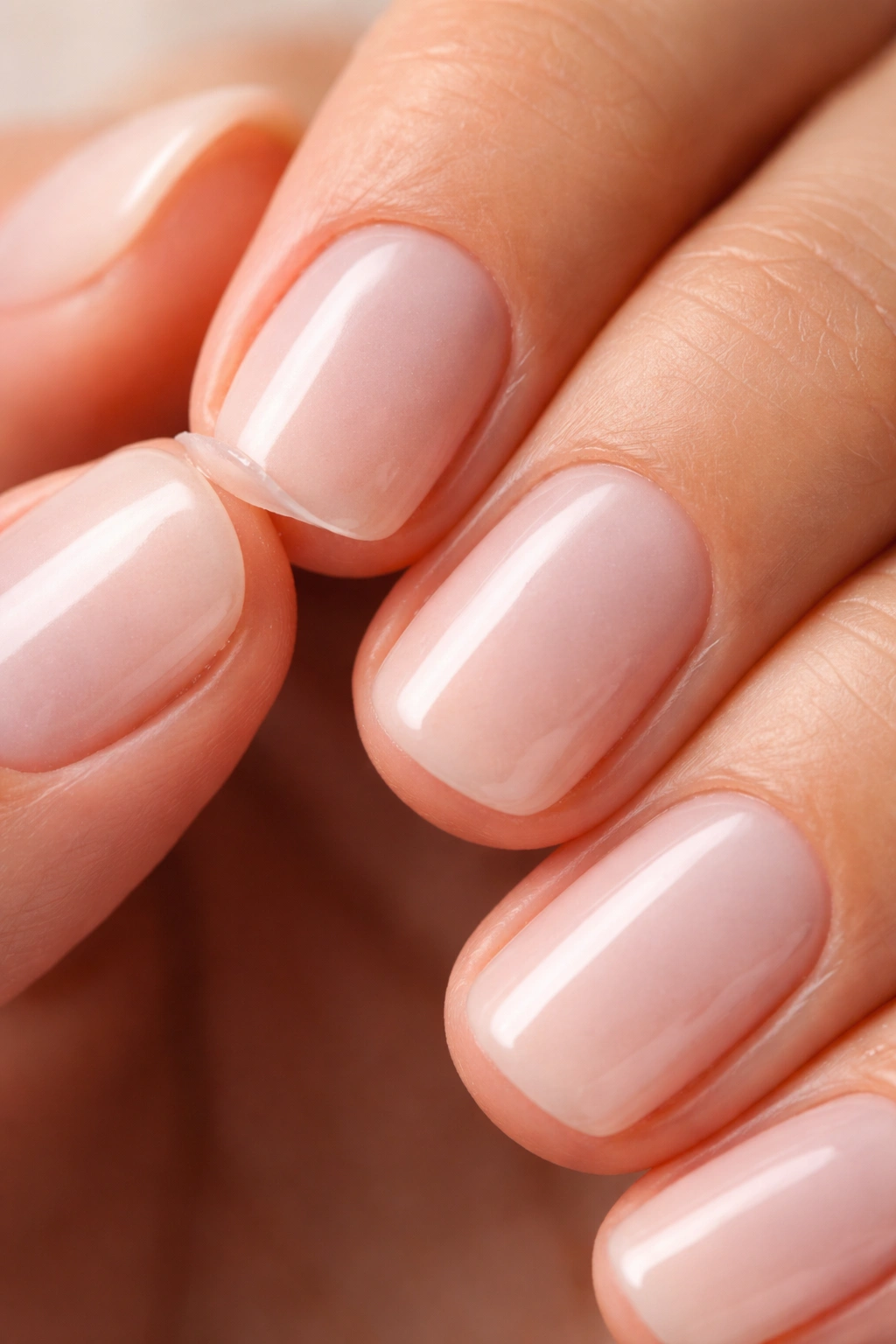 Nails with dip powder showing no peeling and a protective barrier around cuticles