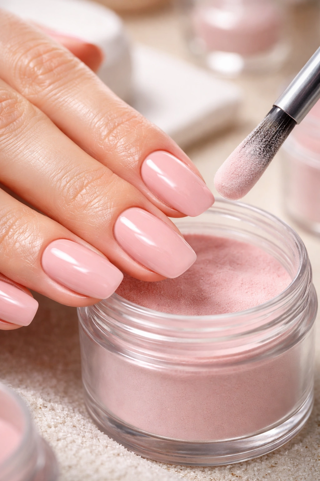 Close-up of dip powder nails with multiple thin coats for full coverage