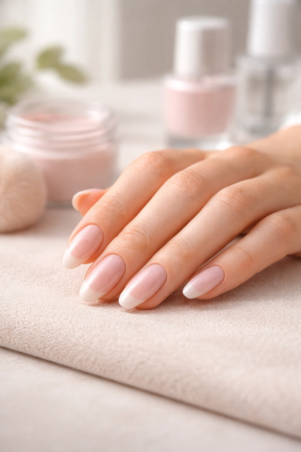 Close-up of glossy dip powder nails in a calm minimalist setting