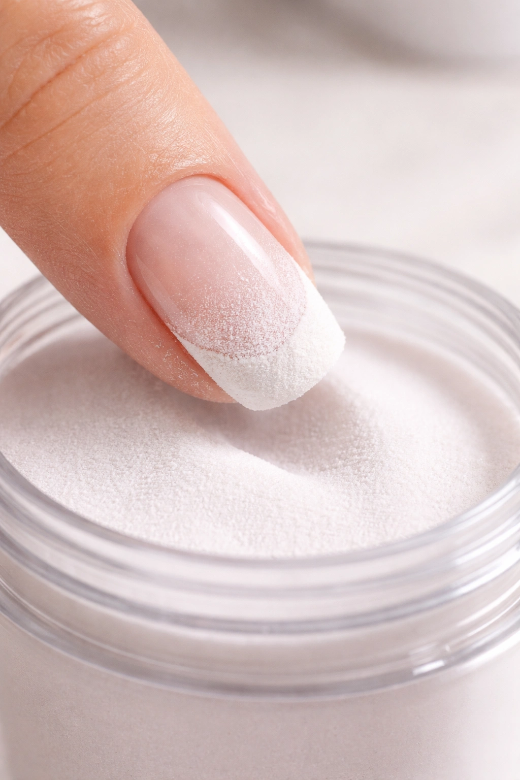 Close-up of a hand dipping a short squoval nail into powder at a 45-degree angle