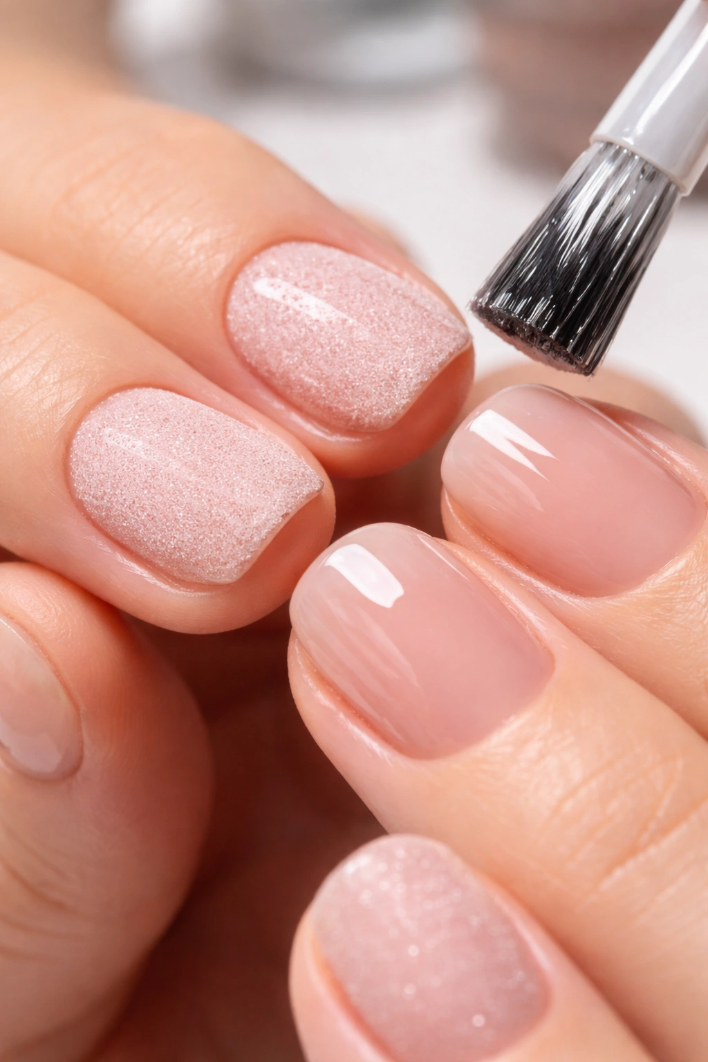 Dip powder manicure close-up on short nails with textured powder and glossy top coat