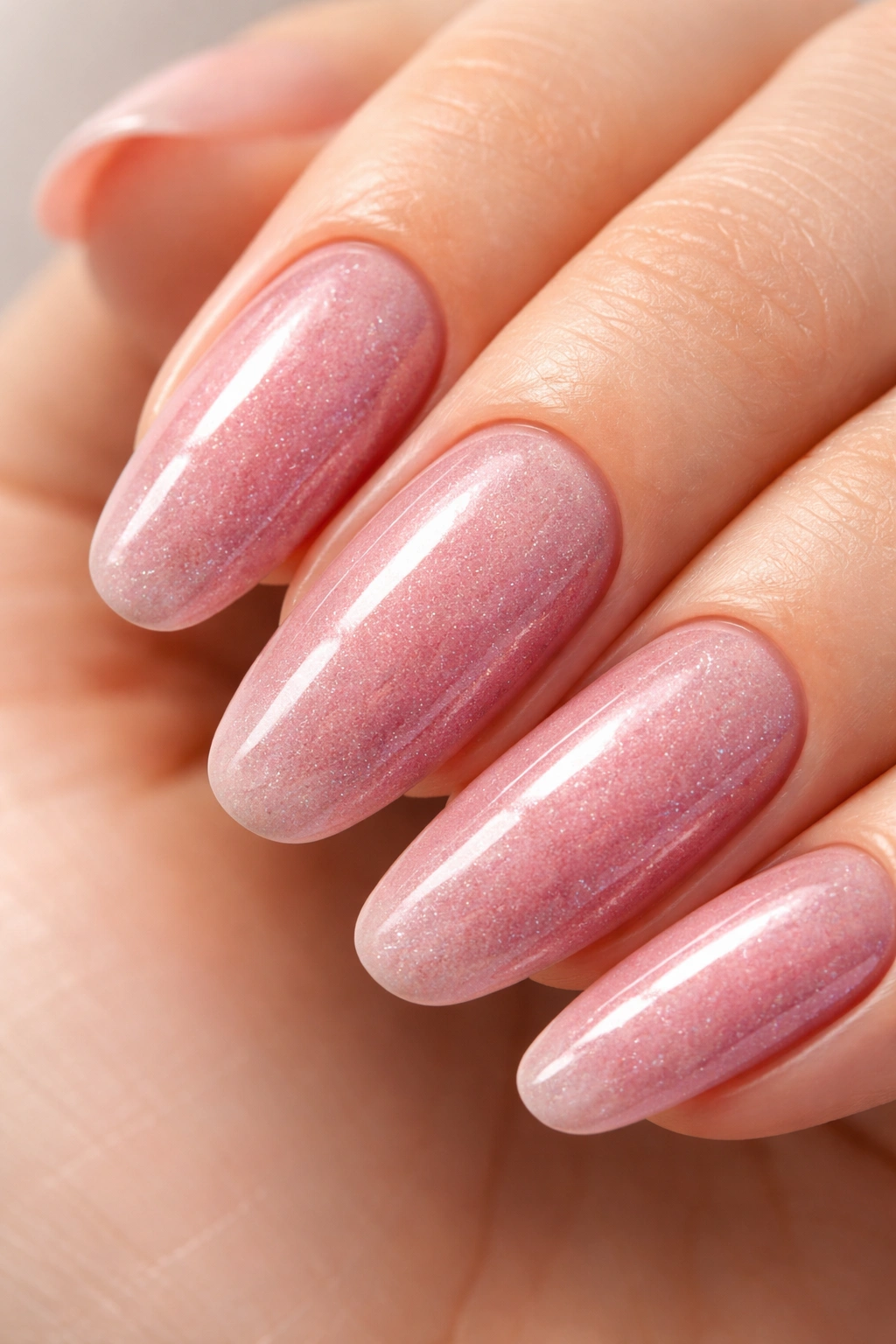 Close-up of dip powder nails with thick glossy layers on fingertips