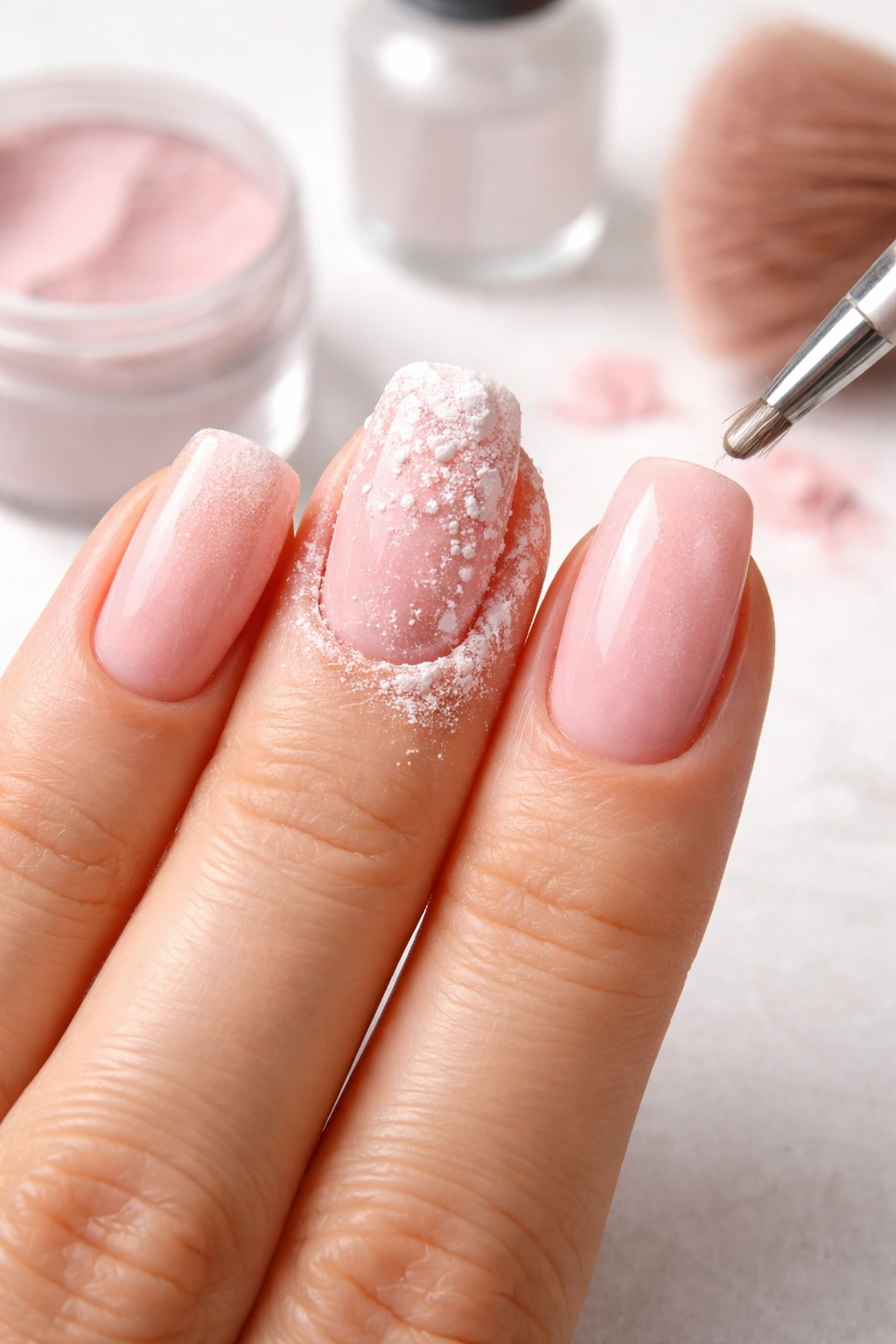 Close-up of dip powder nails showing uneven base and powder clumps for troubleshooting