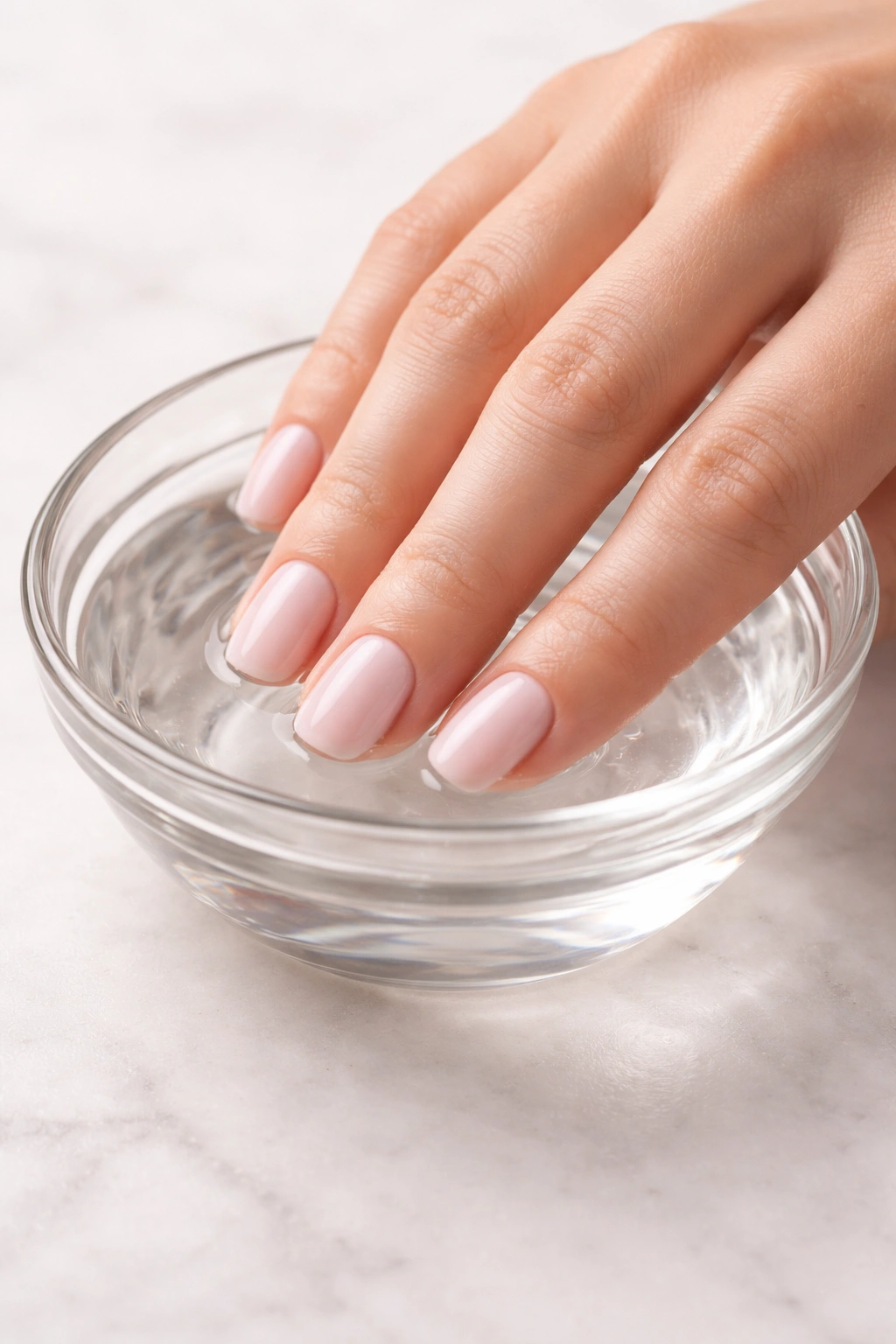 Close-up of hand nails soaking in acetone for dip powder removal